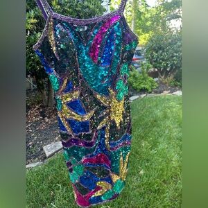 Vintage Sequin Mini Formal Dress Alyce Designs Bright Floral Design Sz. 6